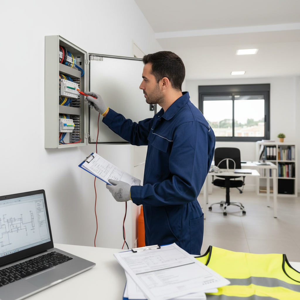 Técnico especialista revisando cuadro eléctrico para emitir el certificado eléctrico de alta de luz en Las Rozas