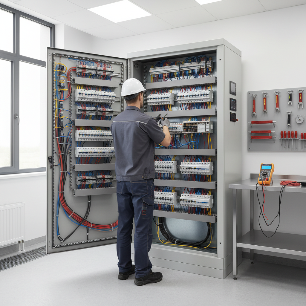 Electricista revisando un cuadro eléctrico moderno en una vivienda del barrio de Universidad en Madrid