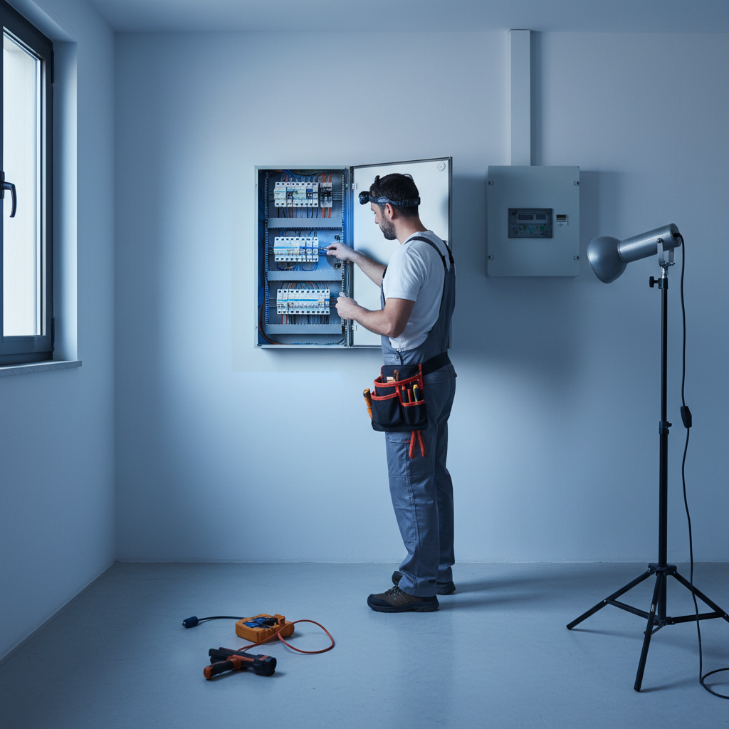 Técnico electricista revisando la línea del aire acondicionado en el cuadro eléctrico de una vivienda en Leganés