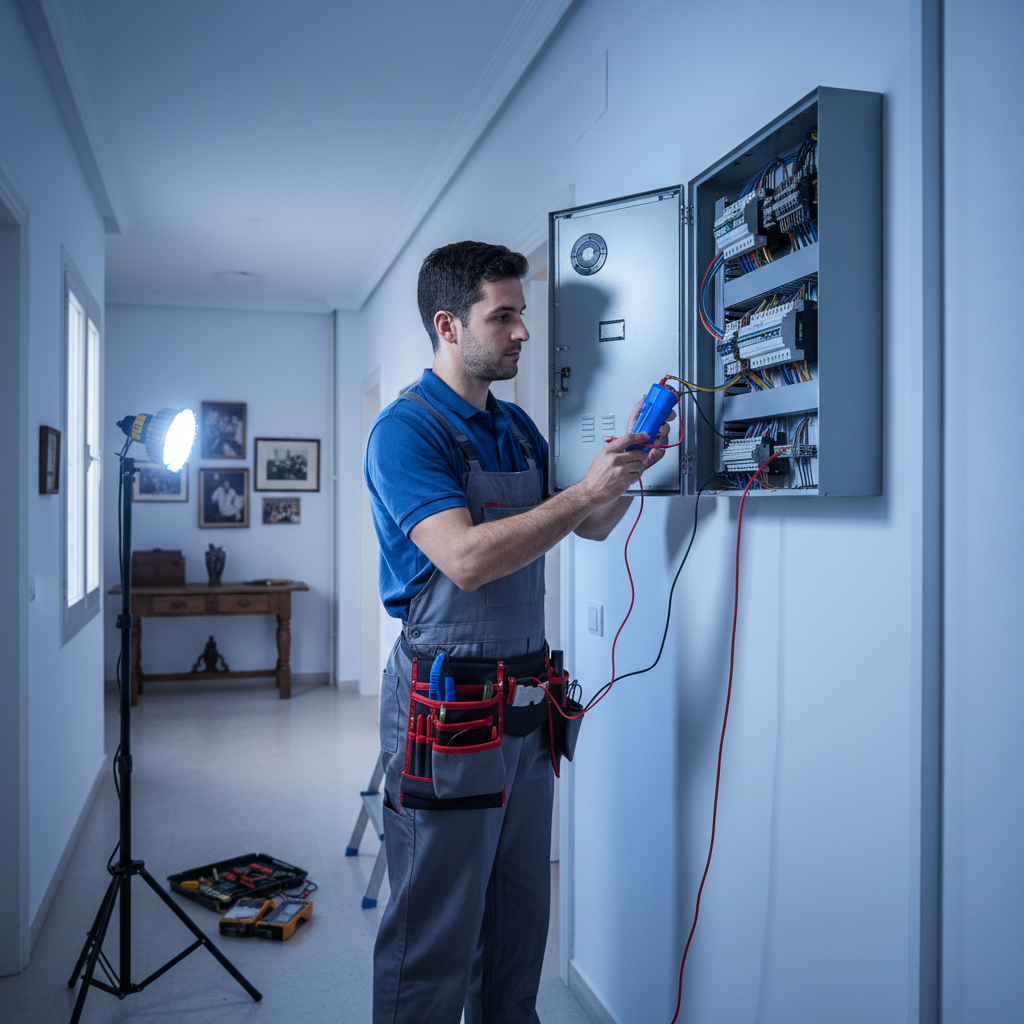 Técnico electricista revisando un cuadro eléctrico principal en una vivienda de Encinar de los Reyes