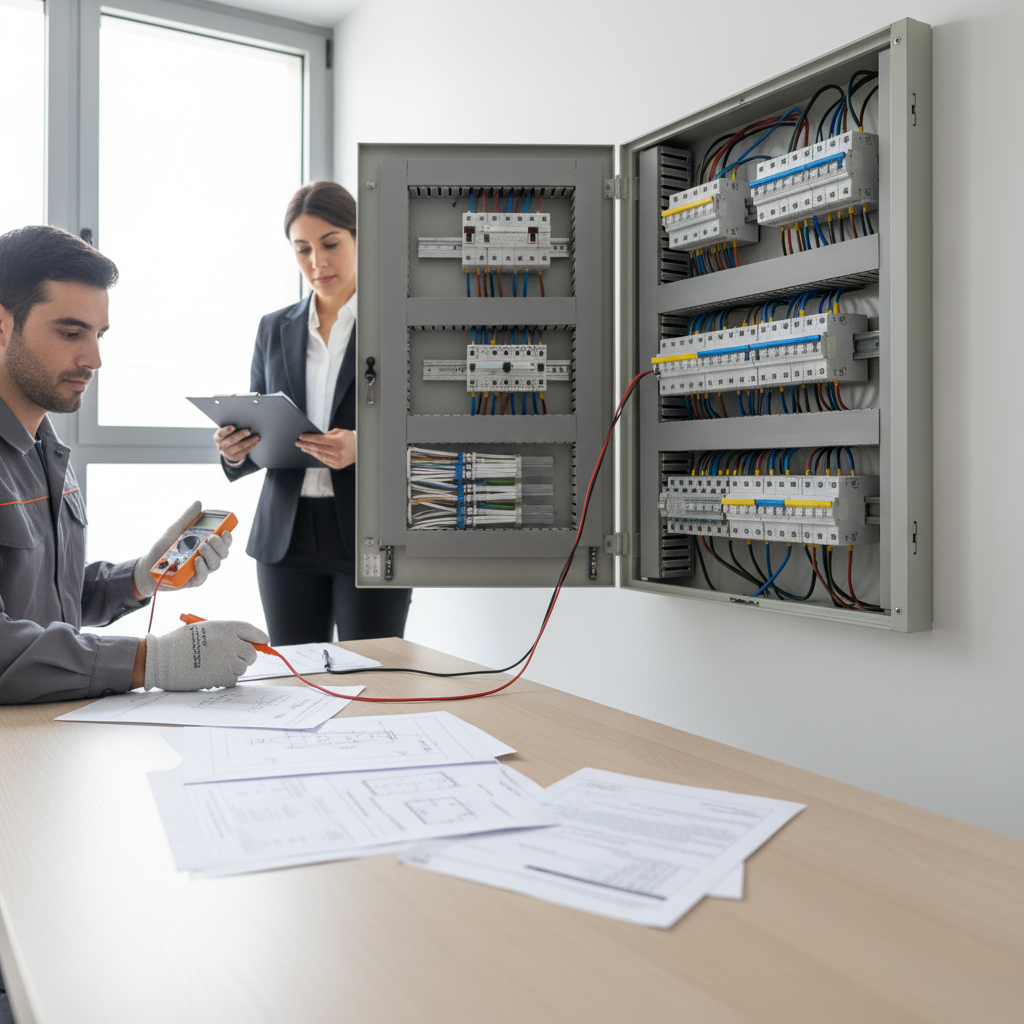 Técnico especialista revisando el cuadro eléctrico para tramitar un boletín de aumento de potencia en Fuenlabrada