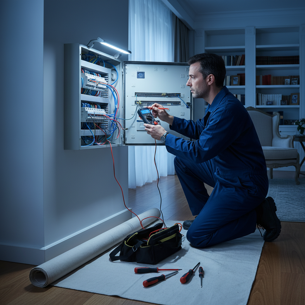 Técnico electricista revisando con instrumental de medición un cuadro eléctrico en un inmueble del barrio de Salamanca en Madrid.