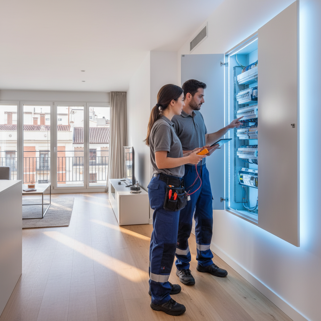 Electricista autorizado revisando detenidamente las conexiones de un cuadro eléctrico residencial en Arganzuela Madrid