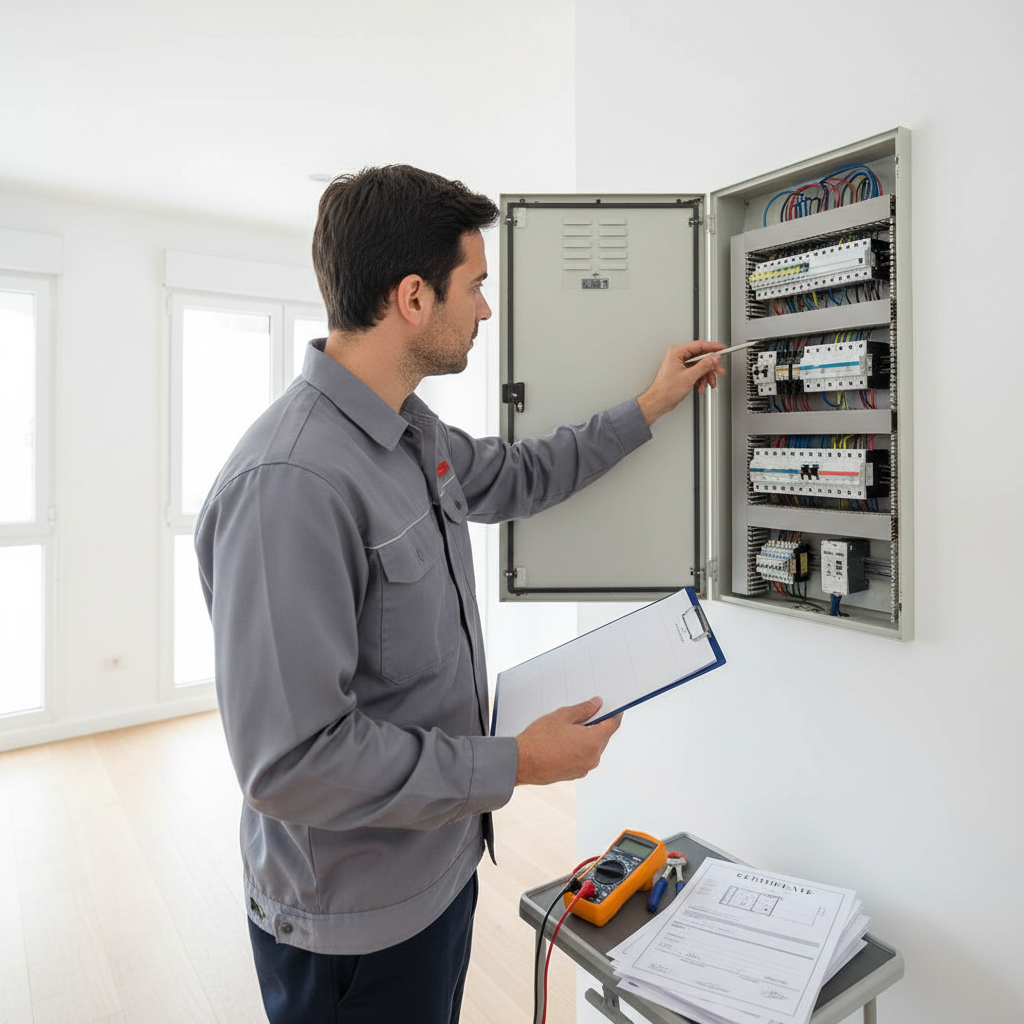Técnico especialista revisando el cuadro eléctrico en un inmueble de Móstoles para tramitar el CIE de alta de luz