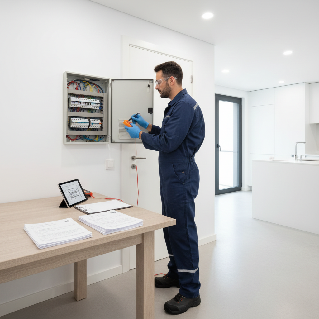 Técnico especialista revisando el cuadro eléctrico general para tramitar el boletín eléctrico en Alcobendas
