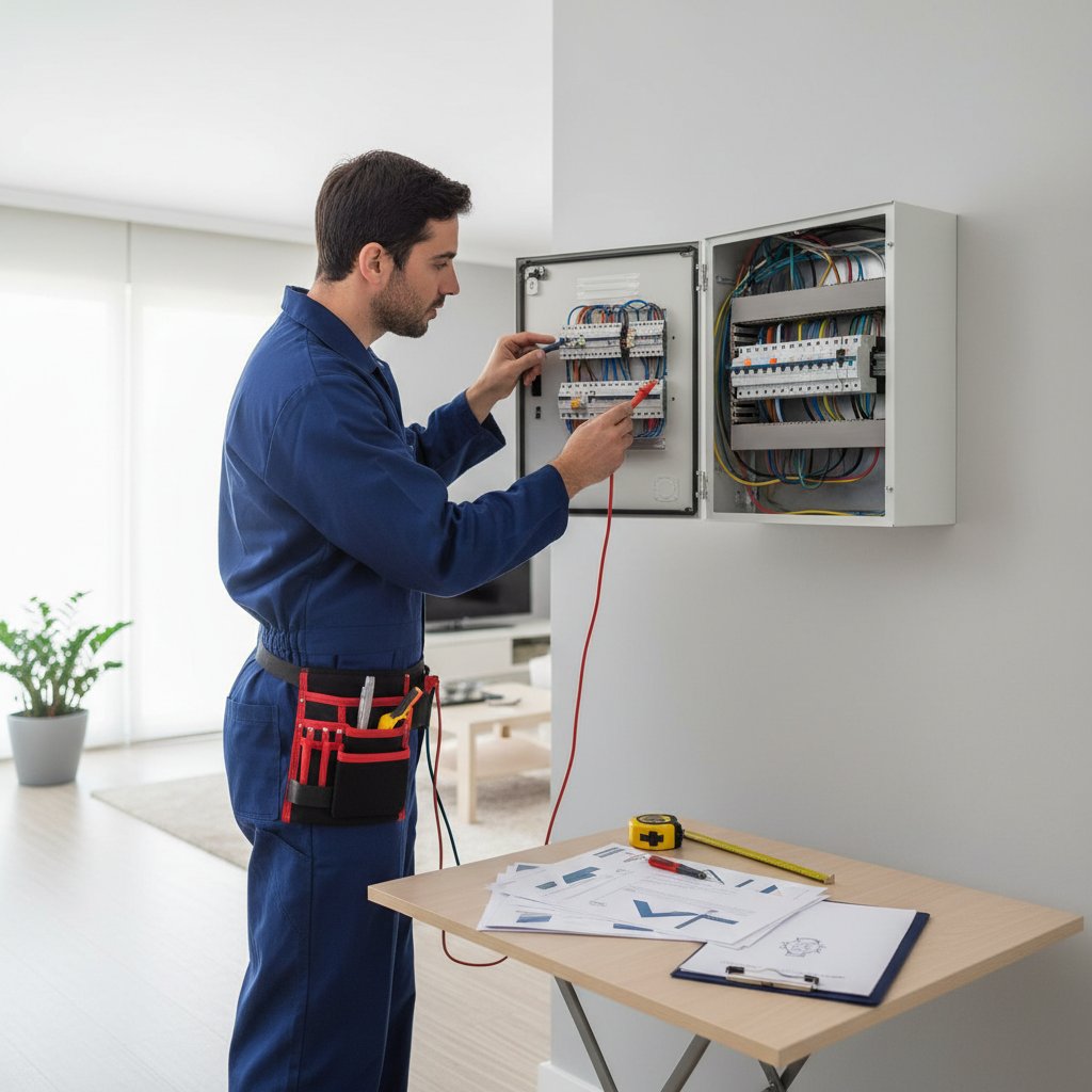 Técnico instalador realizando la inspección de un cuadro eléctrico en Majadahonda para emitir el boletín oficial