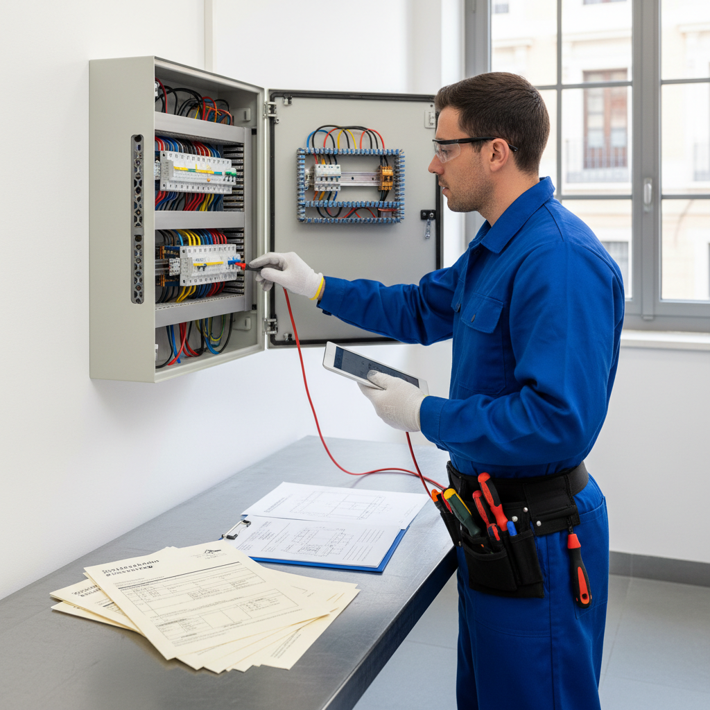 Técnico cualificado realizando la verificación de un cuadro eléctrico para la tramitación de un boletín eléctrico en Alcalá de Henares.