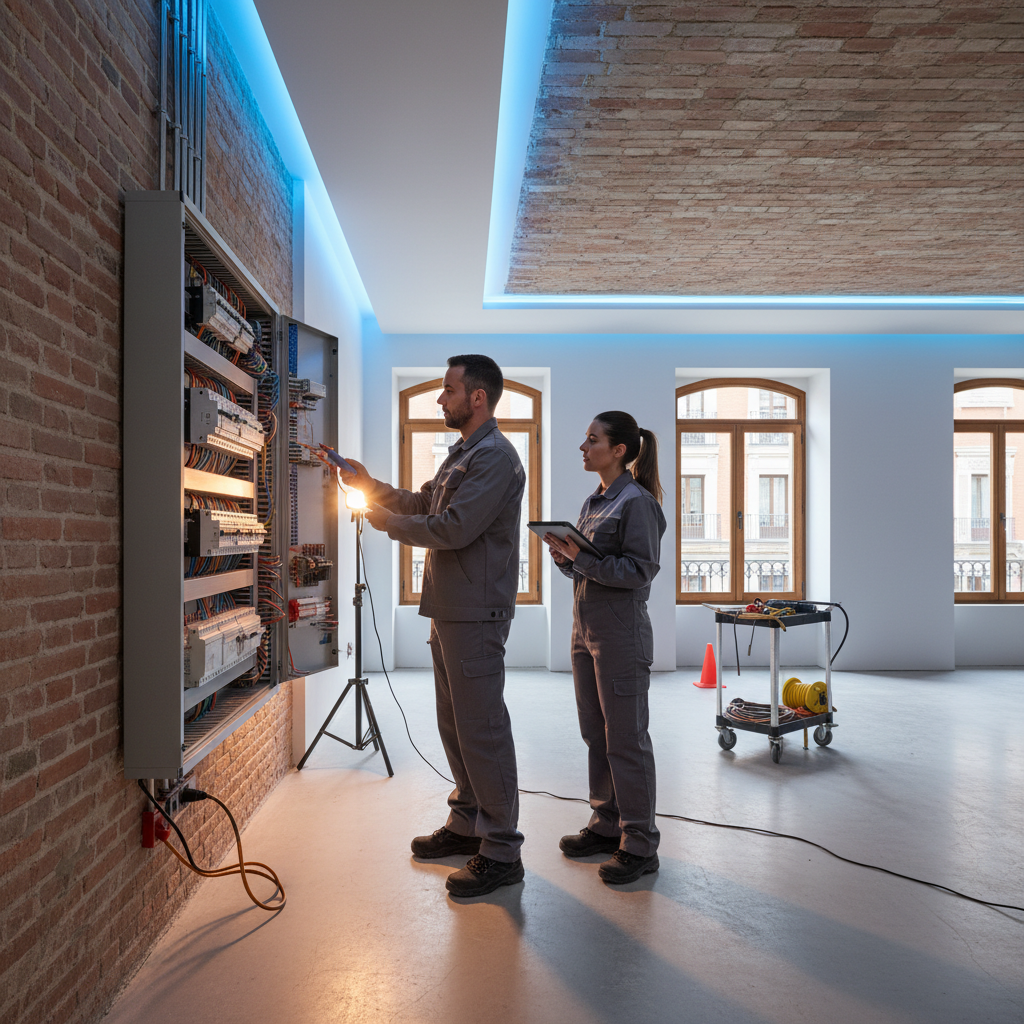 Electricista profesional autorizado trabajando en un cuadro eléctrico residencial en el barrio de Trafalgar, Madrid