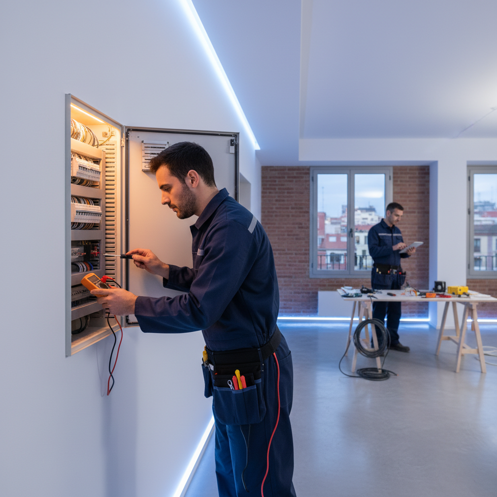 Electricista autorizado revisando un cuadro eléctrico en un inmueble de Chueca, Madrid
