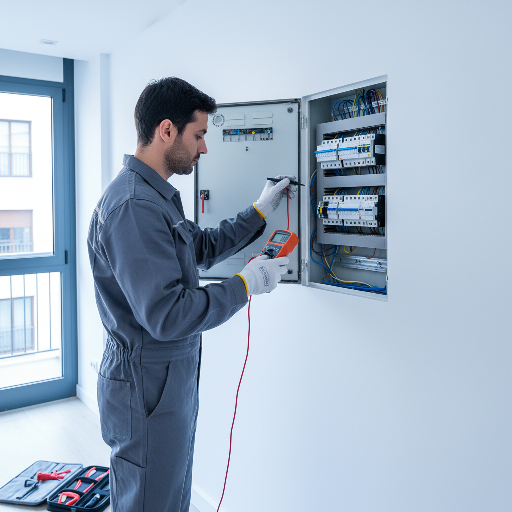 Técnico analizando un cuadro eléctrico con diferencial en una vivienda del distrito de Chamartín en Madrid