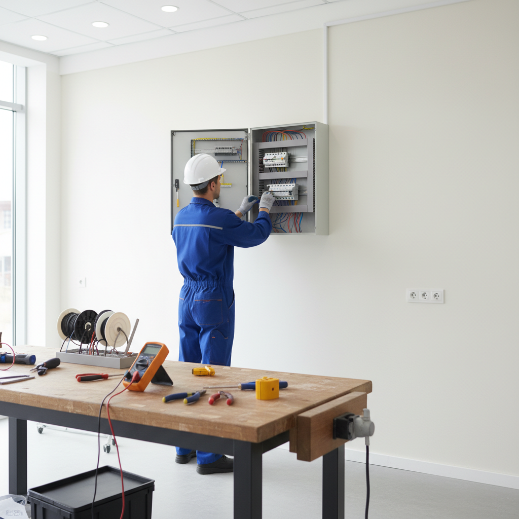 Electricista profesional inspeccionando una caja de mecanismos eléctrica en una vivienda del Barrio Salamanca de Madrid