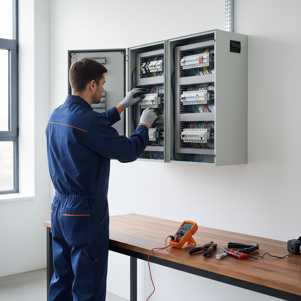 Técnico especialista revisando cuadro eléctrico y tramitando certificado de instalación en un edificio antiguo de Madrid Centro