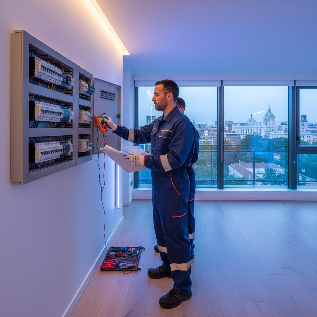 Electricista de Telelectric verificando un cuadro eléctrico en un piso de Retiro, Madrid
