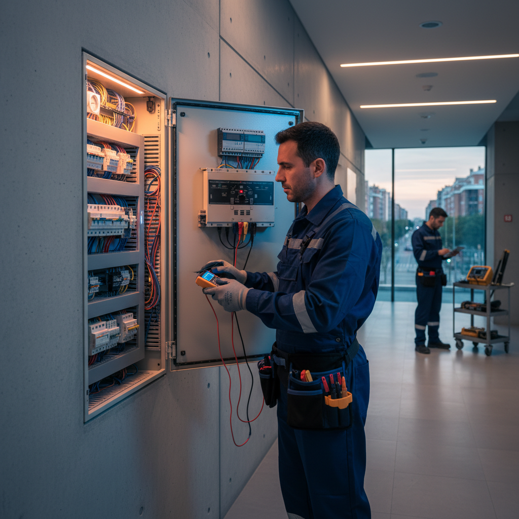 Electricista profesional revisando el cuadro eléctrico de zonas comunes en una comunidad de Arganzuela