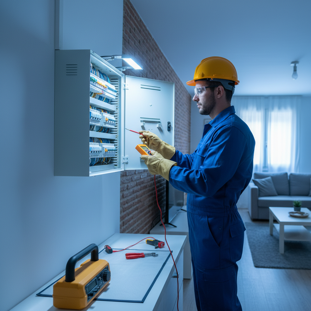 Técnico electricista realizando un diagnóstico urgente en un cuadro eléctrico en Arganzuela, Madrid