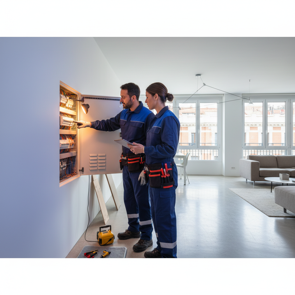 Electricista profesional autorizado examinando el cuadro eléctrico en una vivienda del barrio de Salamanca en Madrid