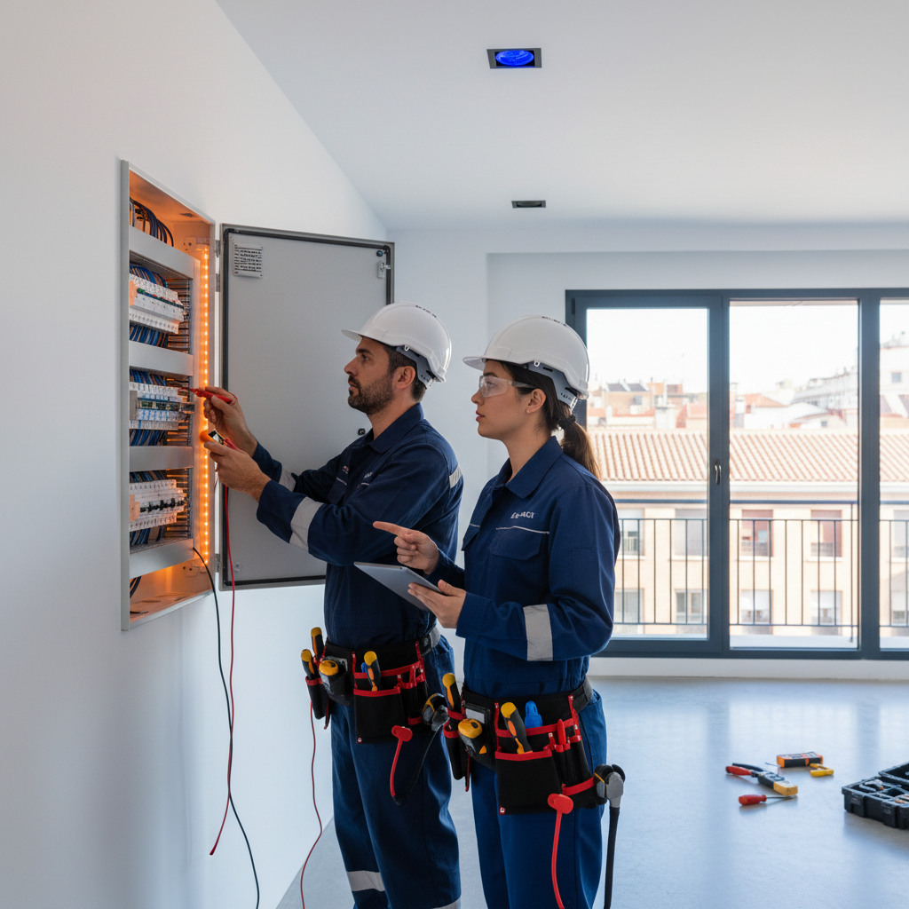 Electricista autorizado realizando un diagnóstico urgente en un cuadro eléctrico en Arganzuela Madrid