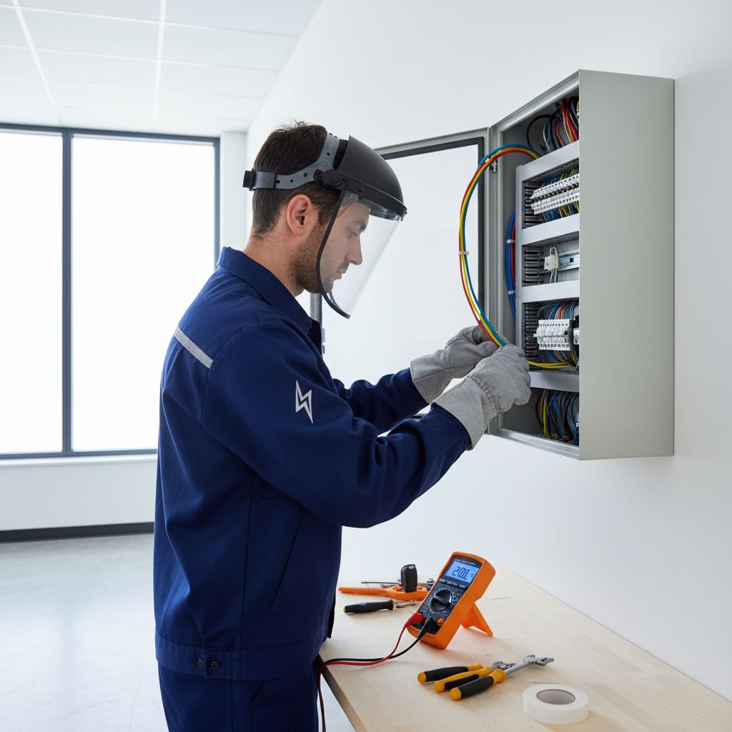 Técnico especialista revisando cuadro eléctrico y documentación para boletín eléctrico en Chamartín