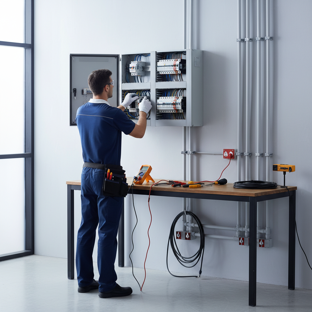 Electricista autorizado revisando un panel eléctrico en un piso del barrio de Lavapiés en Madrid
