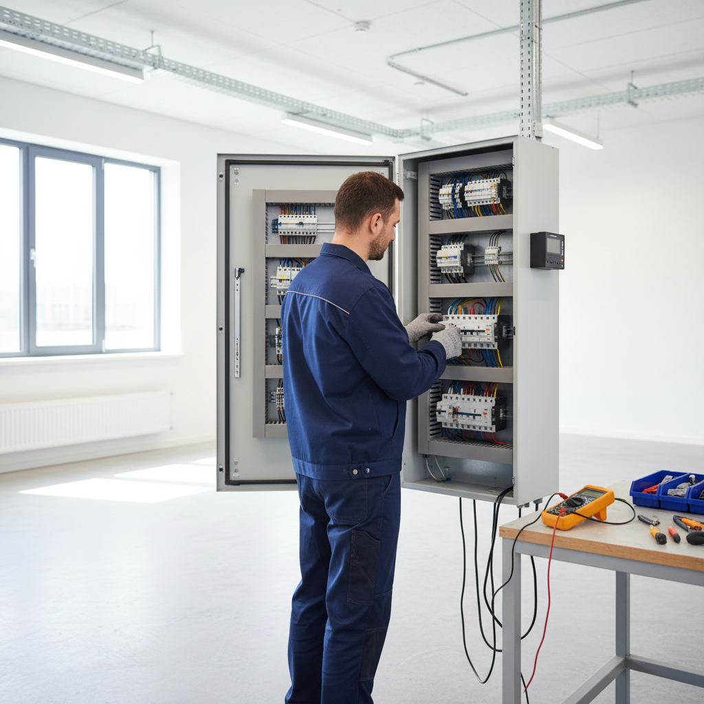 Electricista autorizado inspeccionando un cuadro eléctrico moderno en un piso de Retiro, Madrid