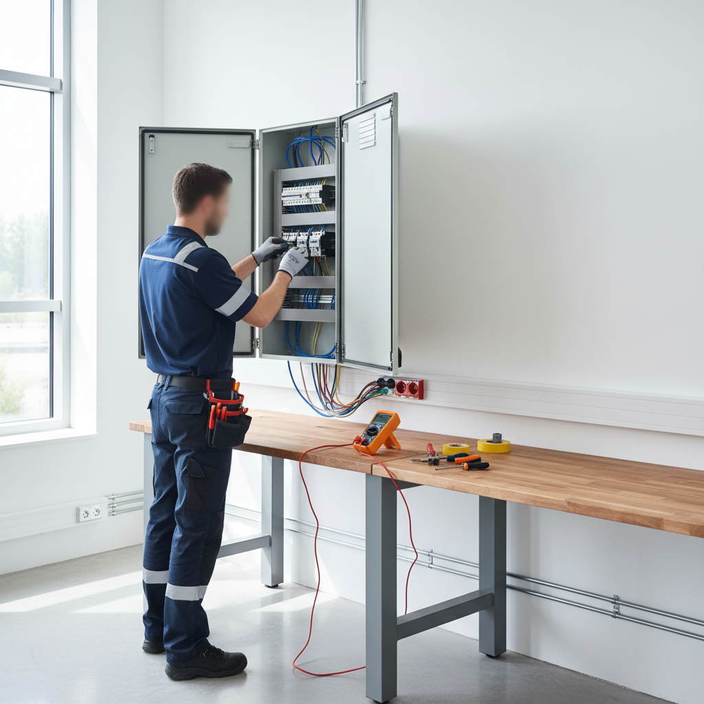 Técnico revisando un cuadro eléctrico para certificar el boletín de aumento de potencia en Móstoles