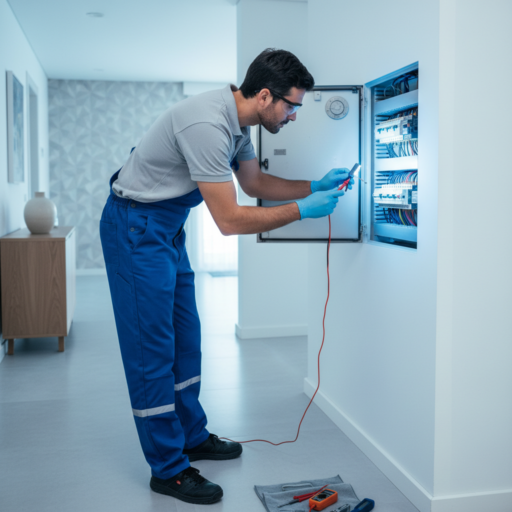 Técnico analizando un cuadro eléctrico residencial en un piso de Tetuán, Madrid