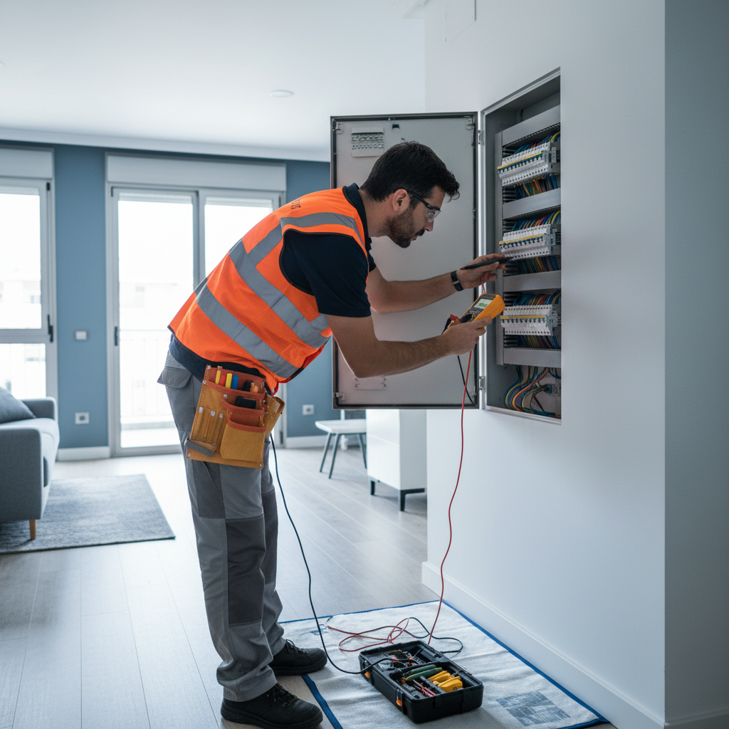 Técnico realizando pruebas de aislamiento en un cuadro eléctrico residencial en Móstoles