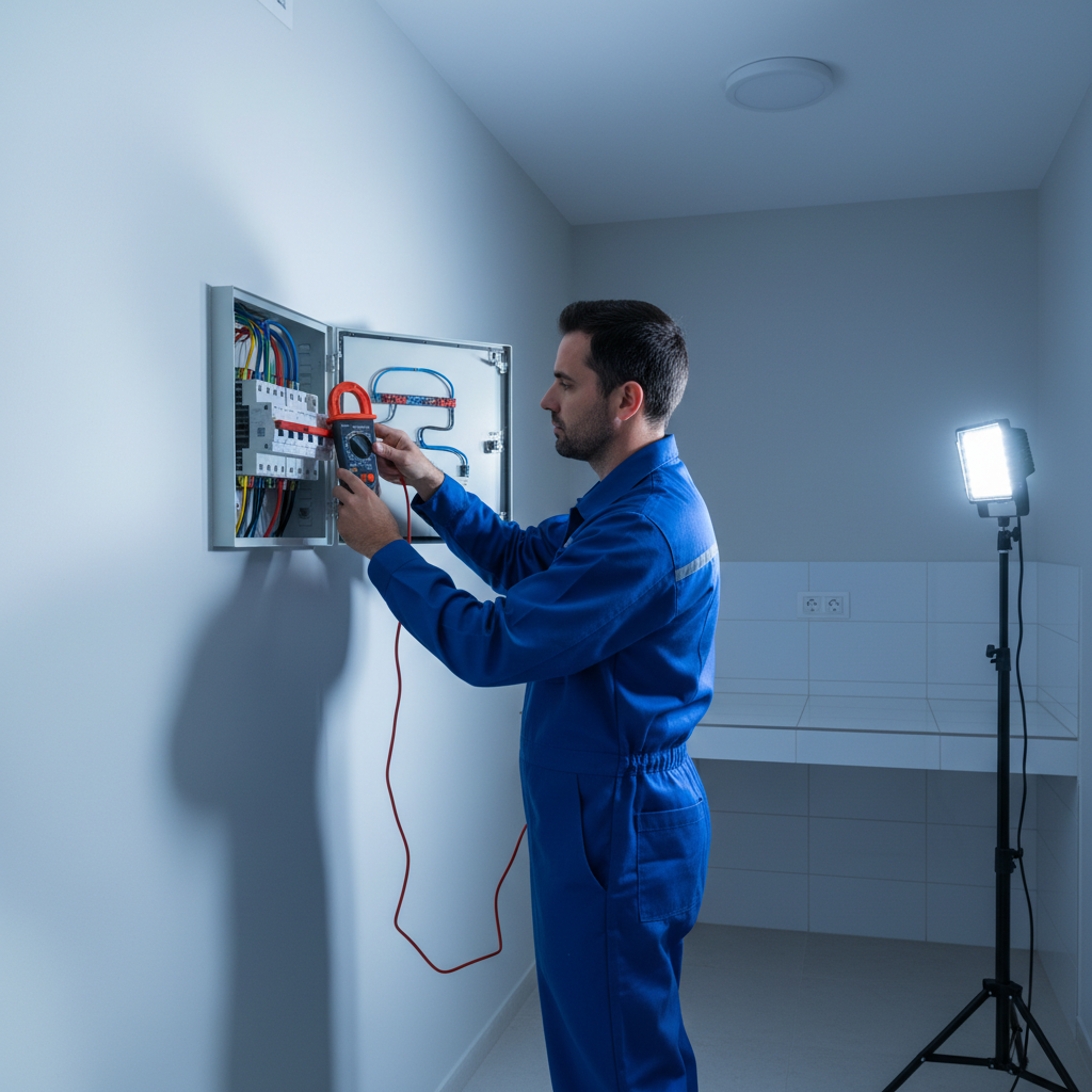 Técnico midiendo el consumo eléctrico en un cuadro eléctrico con interruptor general automático en Carabanchel