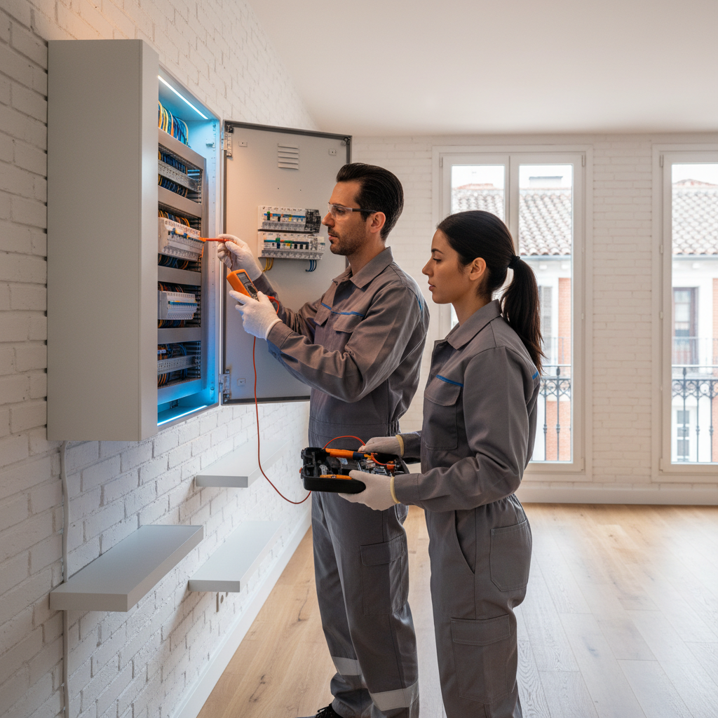 Electricista autorizado revisando un cuadro eléctrico para un aumento de potencia en una vivienda de Cortes, Madrid