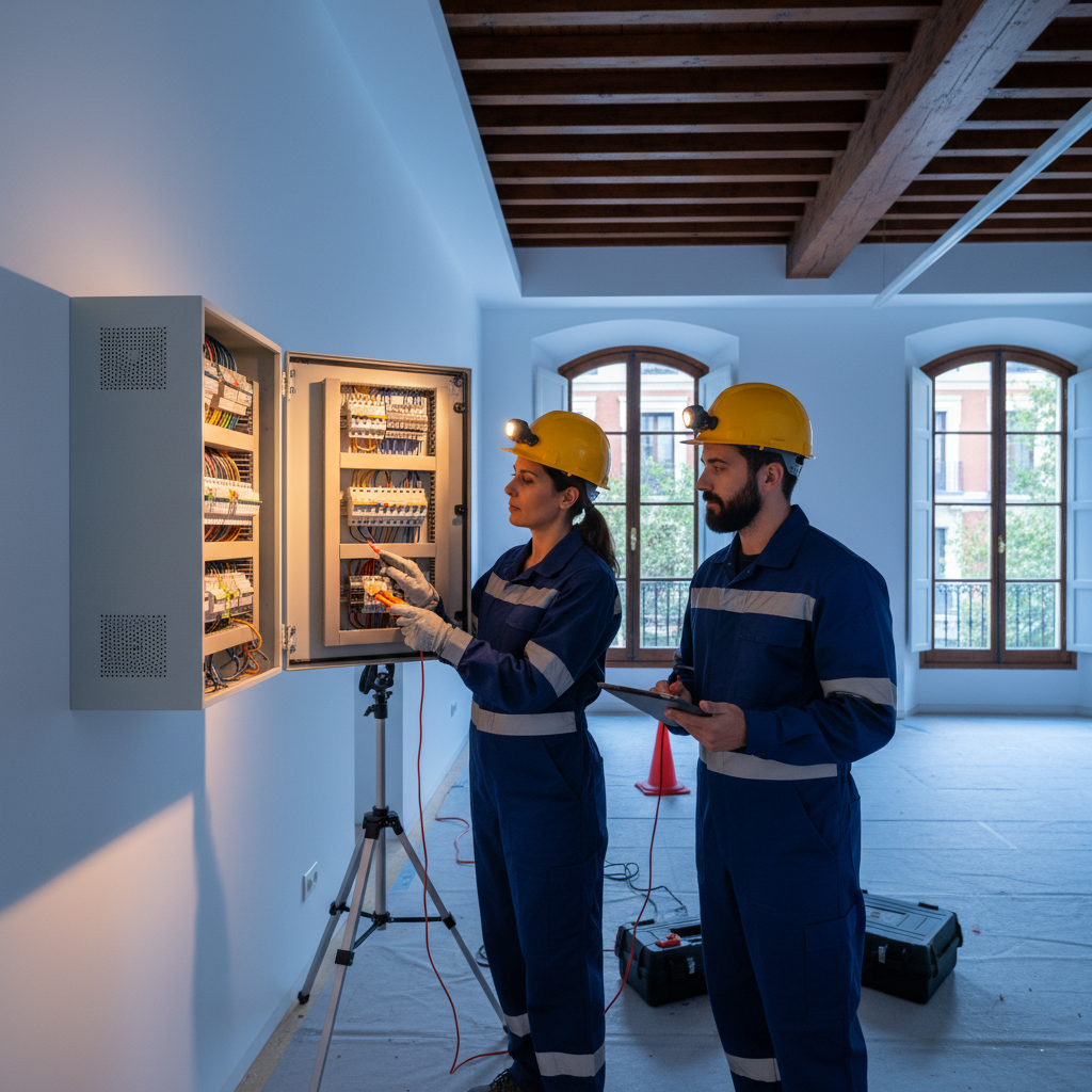 Electricista autorizado realizando pruebas técnicas para tramitar boletín eléctrico en un piso del barrio de Palacio en Madrid