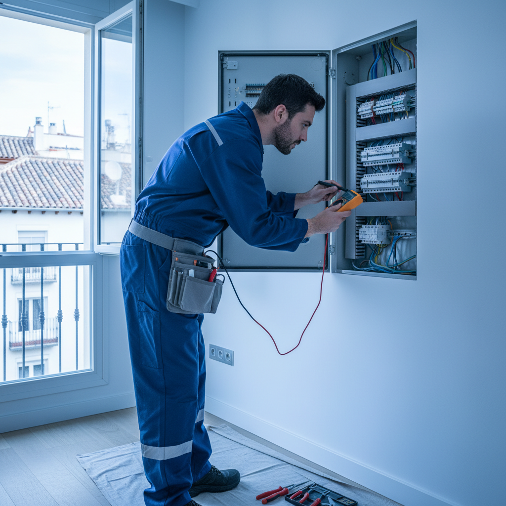 Técnico electricista revisando un cuadro eléctrico en una vivienda en Madrid