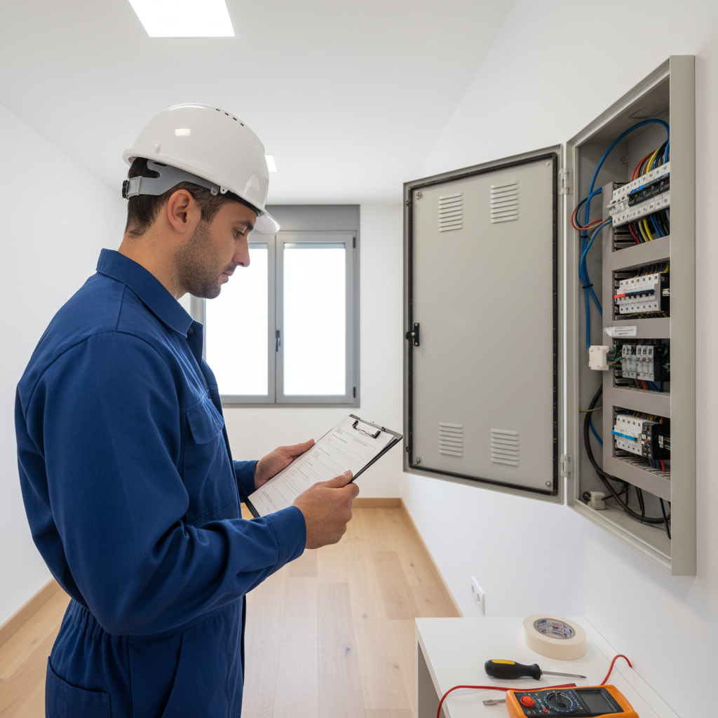 Técnico especialista realizando la verificación de un cuadro eléctrico para expedir el boletín eléctrico en Alcorcón