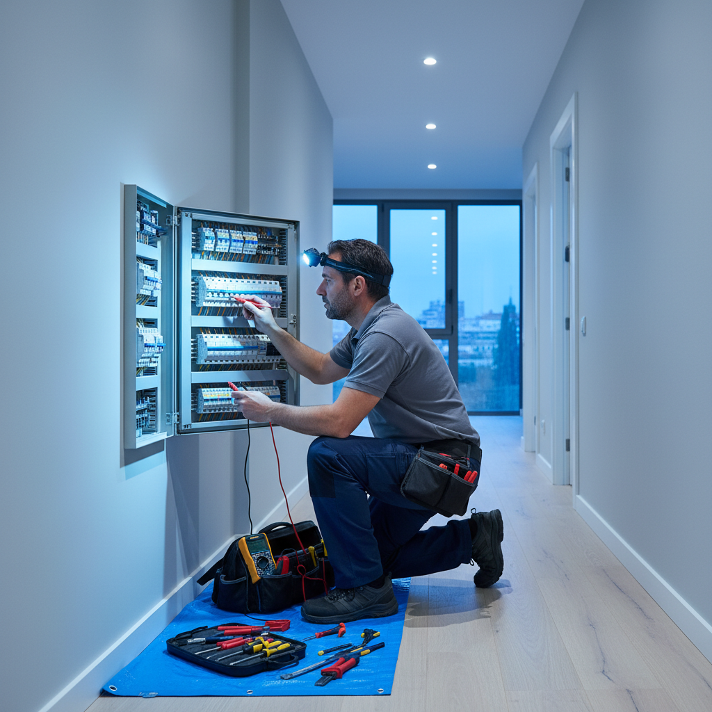Electricista técnico revisando un cuadro eléctrico moderno en una vivienda de Sanchinarro