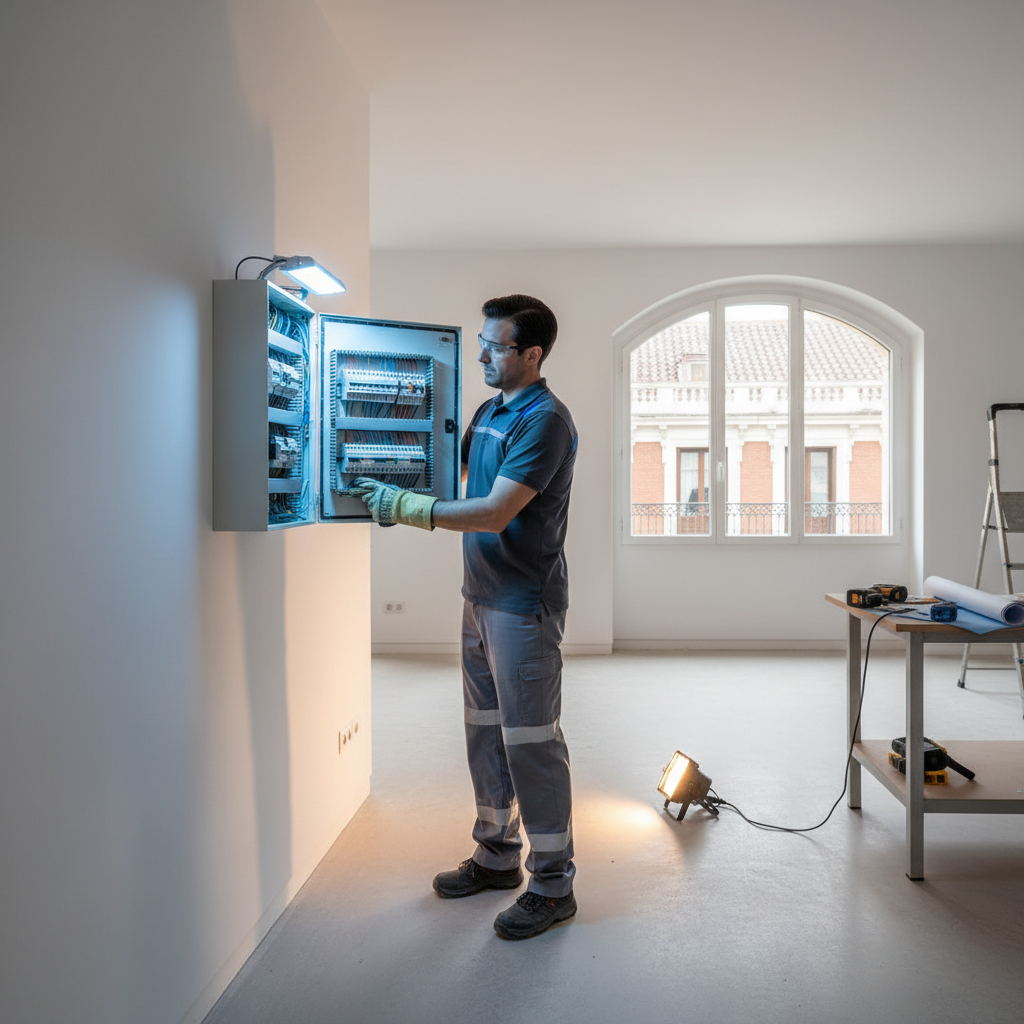 Electricista autorizado trabajando de forma segura en la instalación de un cuadro eléctrico moderno en una vivienda del distrito de Chamberí, Madrid.