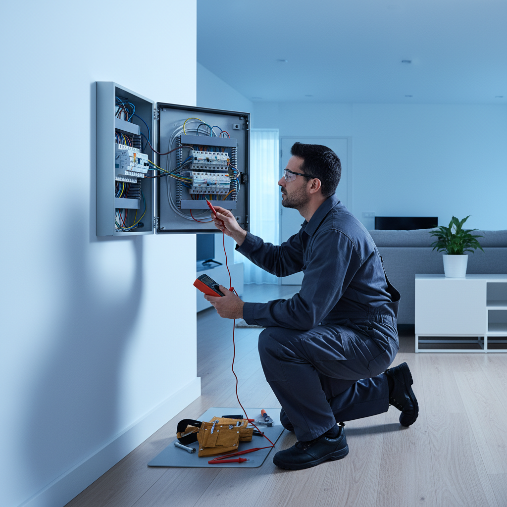 Técnico revisando un cuadro eléctrico durante un servicio de electricista urgente en Alcorcón