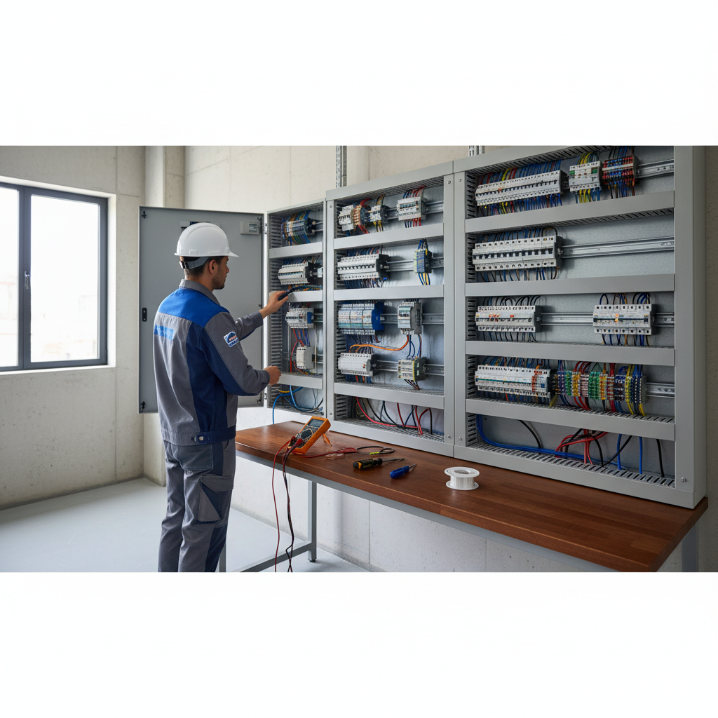 Técnico cualificado realizando la inspección técnica de un cuadro eléctrico para certificar el cambio de titularidad en Getafe