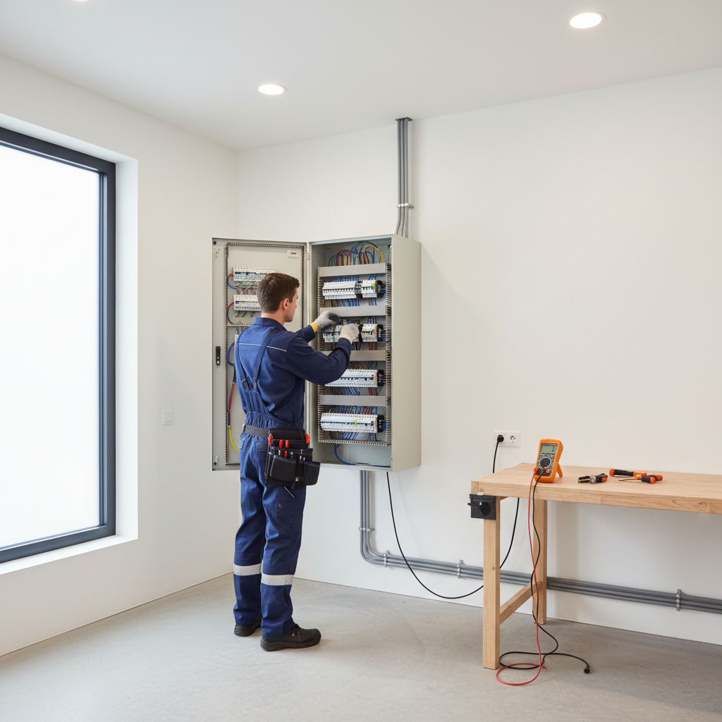 Técnico especialista realizando la verificación técnica de un cuadro eléctrico para tramitar el certificado de instalación eléctrica en Fuenlabrada.