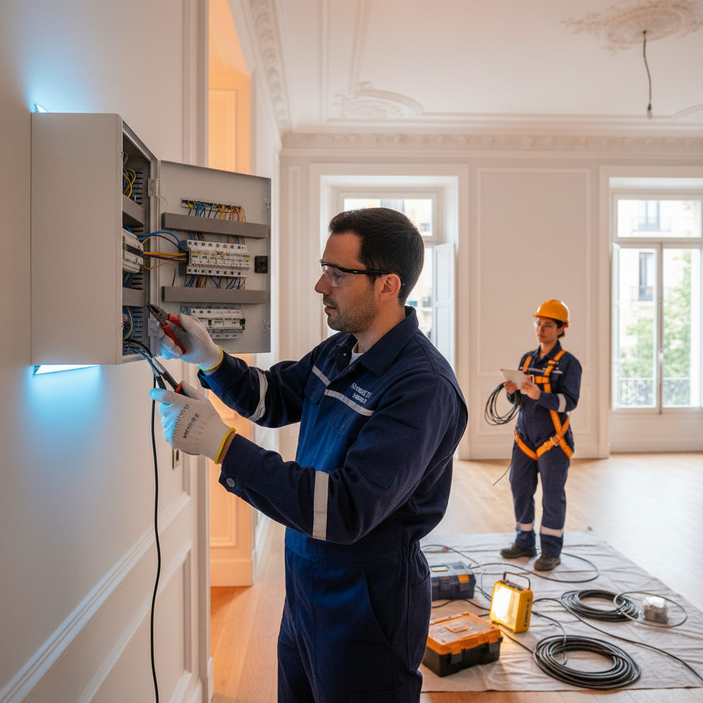 Electricista autorizado cambiando un cuadro eléctrico moderno en una vivienda del Barrio de Salamanca en Madrid