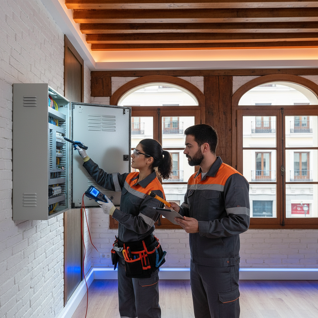 Electricista autorizado revisando un cuadro eléctrico en un inmueble del centro de Madrid