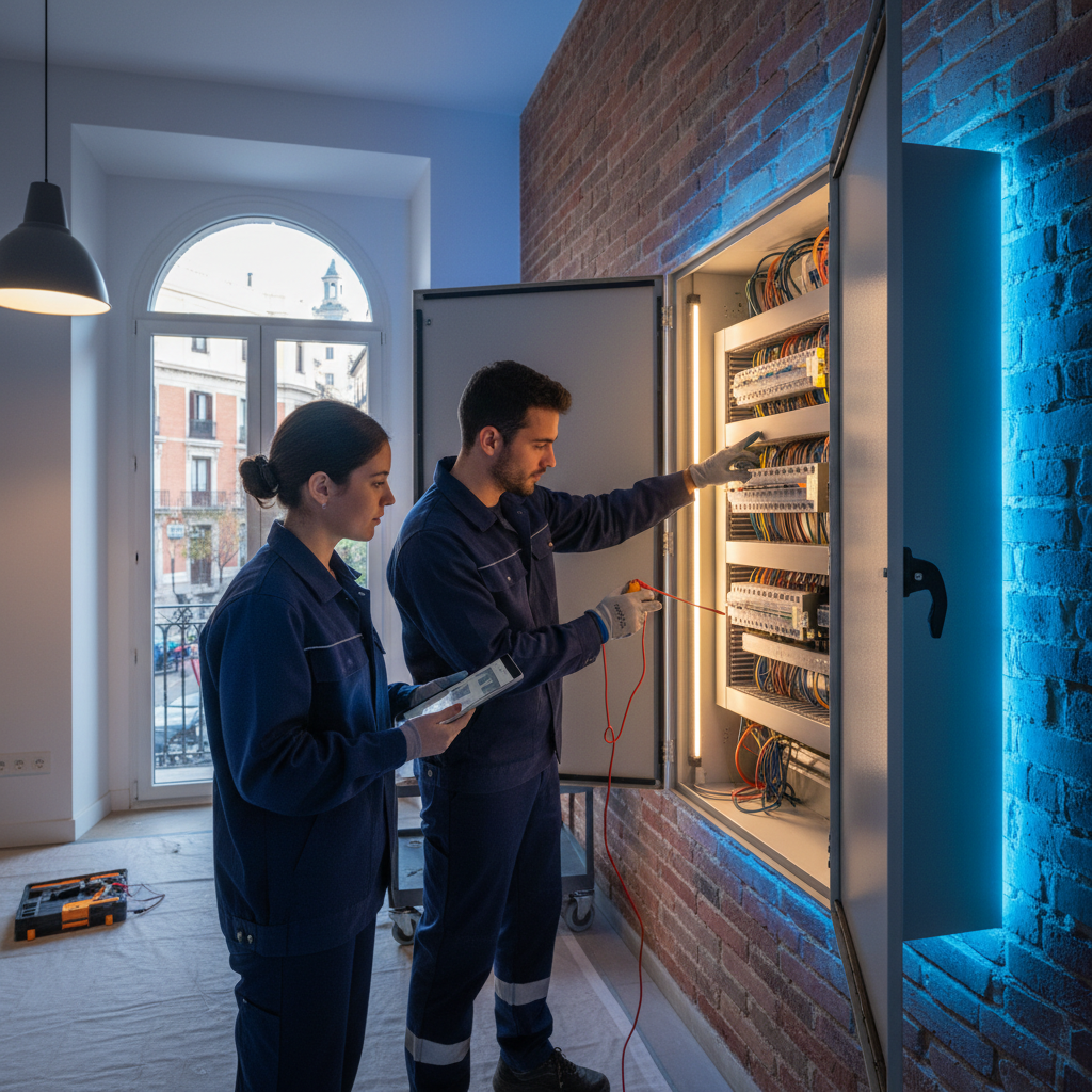 Electricista autorizado comprobando un cuadro eléctrico con equipamiento técnico en una vivienda de Cortes Madrid