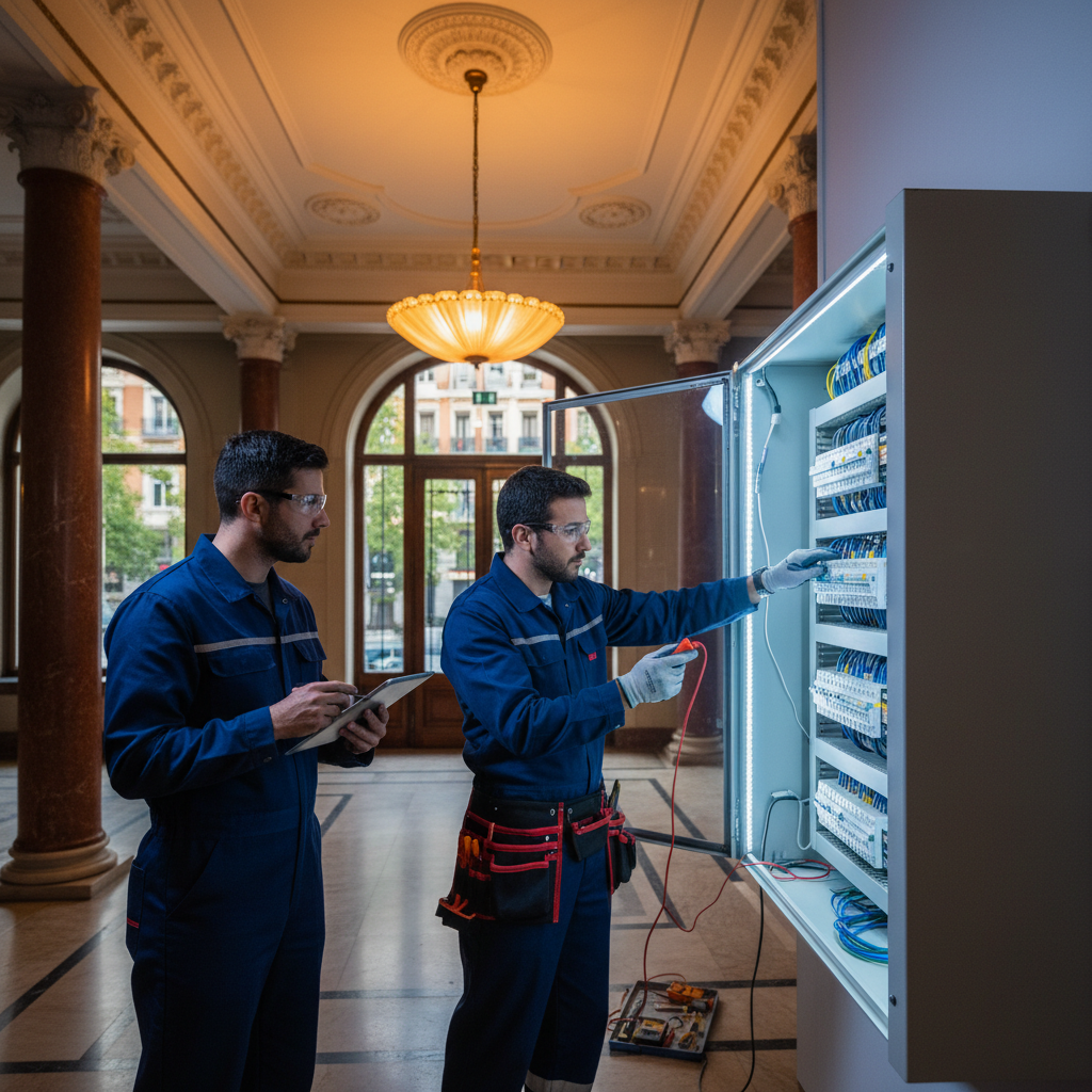 Electricista profesional revisando el cuadro de iluminación comunitaria en un portal del barrio de Retiro en Madrid