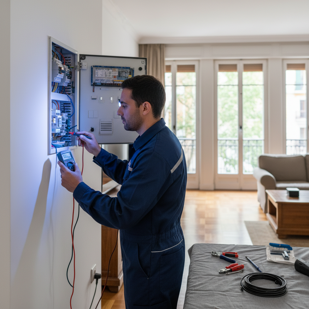 Técnico analizando una avería eléctrica en el cuadro de un piso en Retiro con multímetro digital