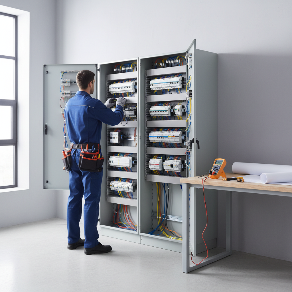 Técnico especialista revisando el Cuadro General de Mando y Protección para emitir el certificado eléctrico de un local comercial en Torrejón de Ardoz.