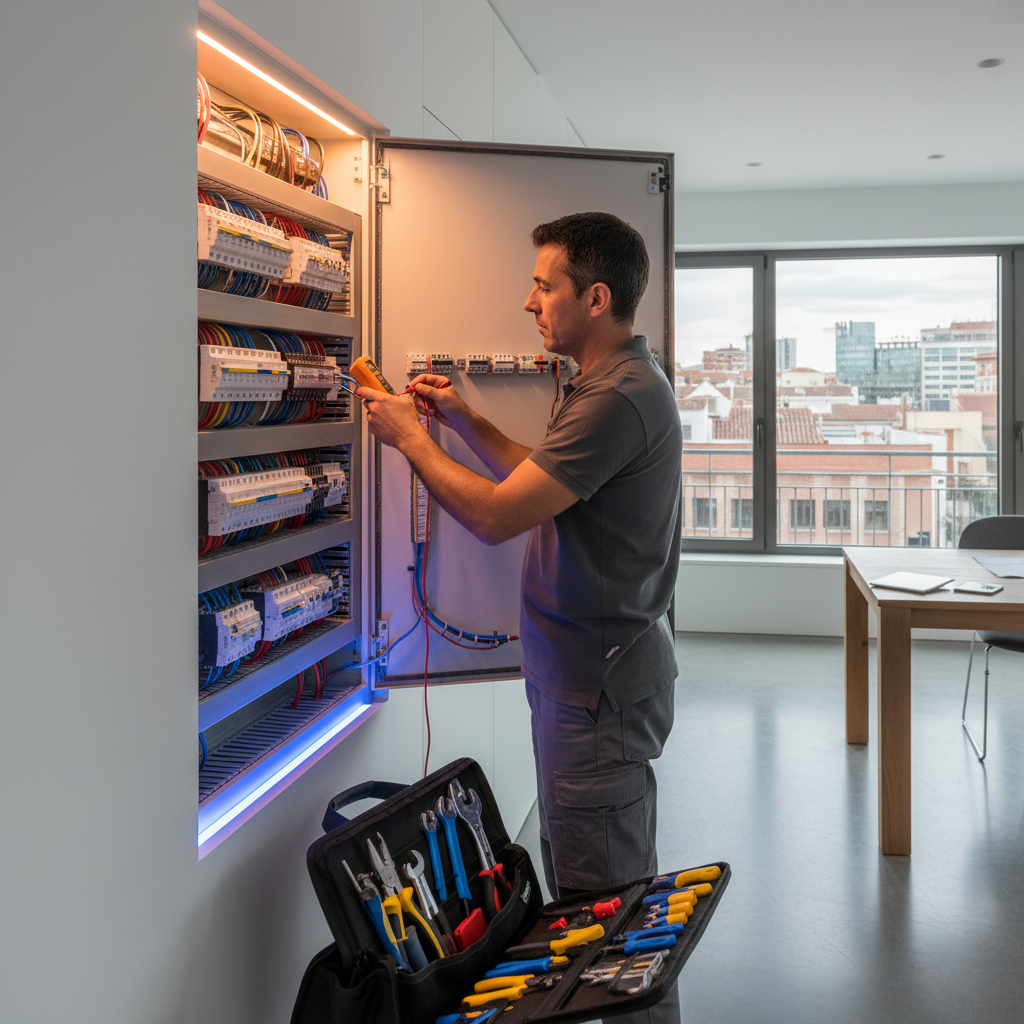 Electricista autorizado revisando un cuadro eléctrico averiado en una vivienda de Madrid