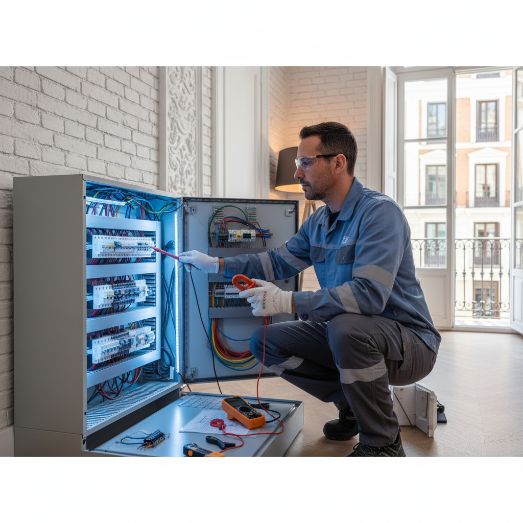 Electricista autorizado revisando y actualizando un cuadro eléctrico antiguo en un piso de Madrid