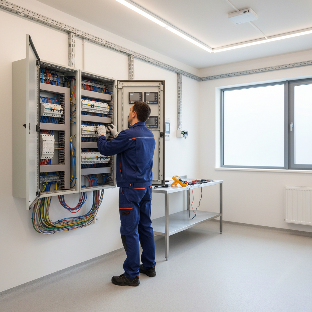 Técnico eléctrico verificando las protecciones del cuadro general de mando para un certificado de instalación eléctrica en Rivas-Vaciamadrid.