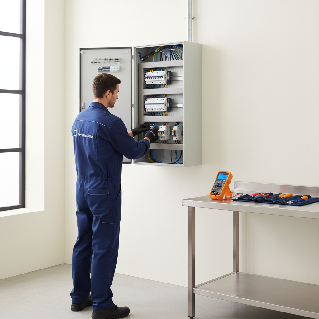 Técnico electricista revisando un cuadro de protección eléctrica en una vivienda de Sanchinarro