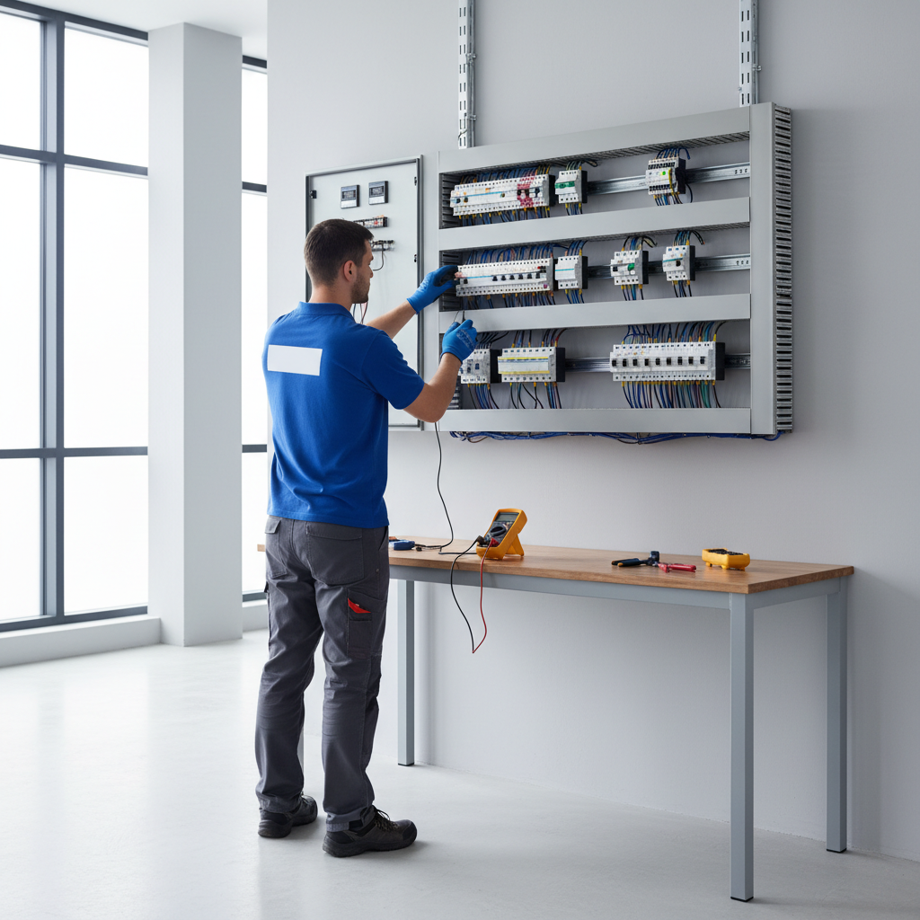 Técnico electricista realizando un diagnóstico en un cuadro eléctrico residencial en el distrito de Latina