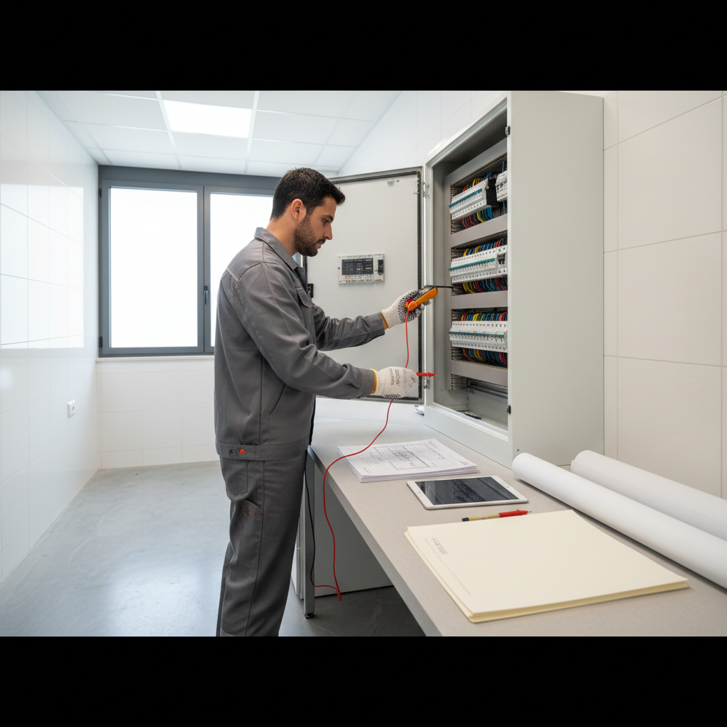 Técnico cualificado verificando el cuadro de mando para emitir un boletín eléctrico en Fuenlabrada