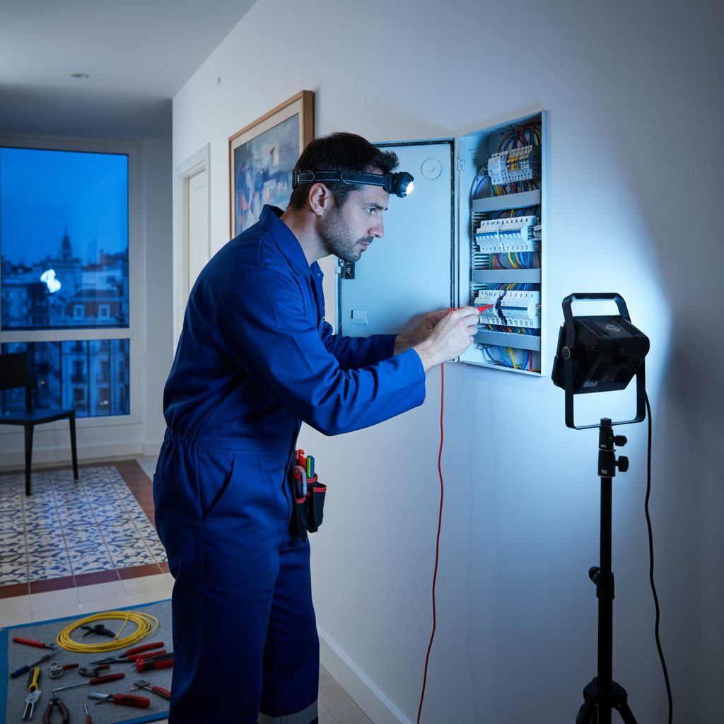 Técnico especialista realizando la reparación de un cuadro eléctrico en una vivienda del barrio de Salamanca en Madrid